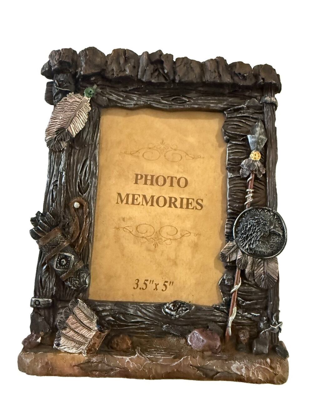 Vintage Native American Resin Picture Frame 3.5x5 Faux Wood Eagle Shield 3D